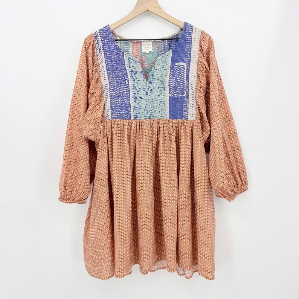 World Market Tunic Dress Kantha Quilted Yoke Boho Orange S/M Artisan Cotton